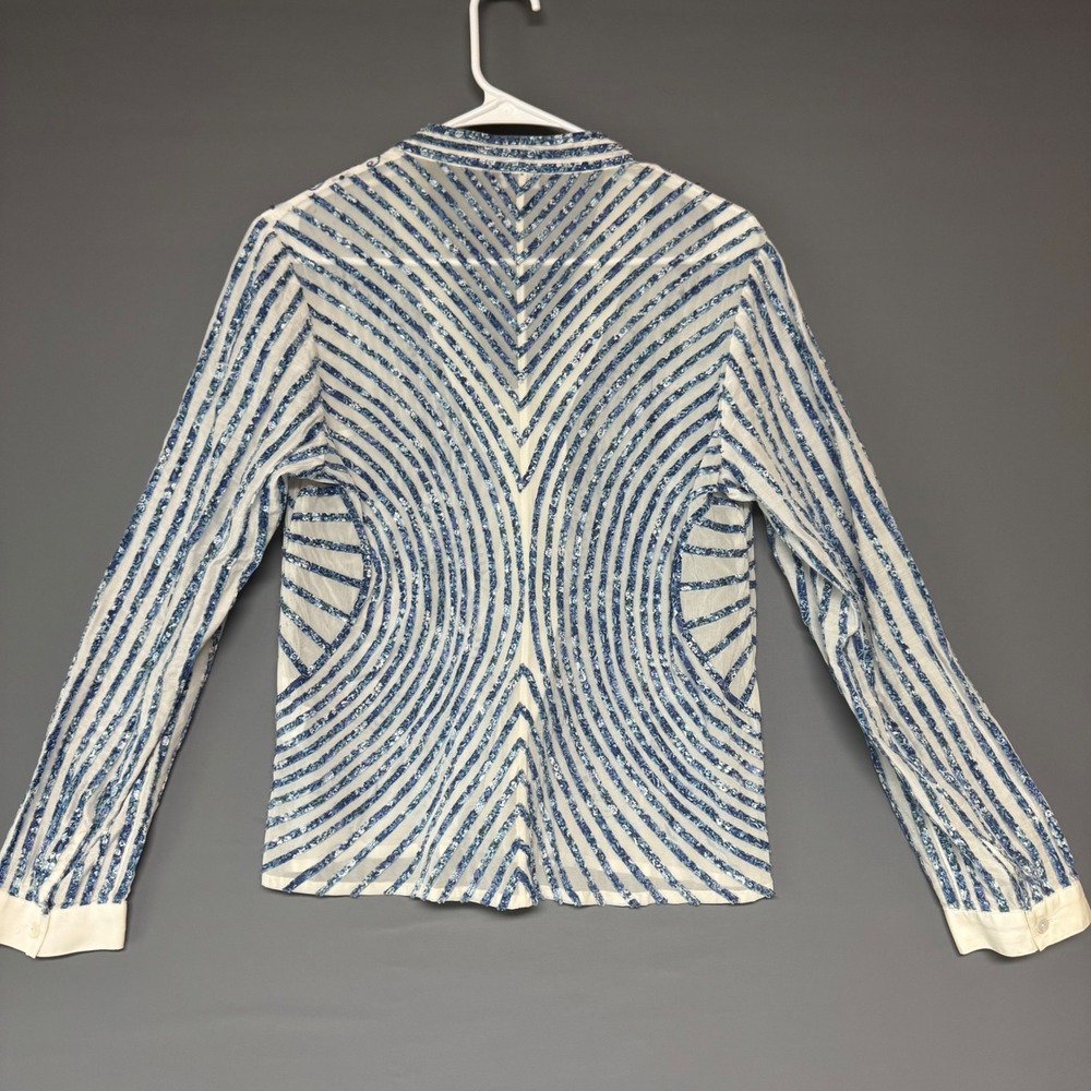 Obstinee by Ika Silk Cotton Blue White Striped Embroidered Button Blouse Size 10 - Picture 2 of 7